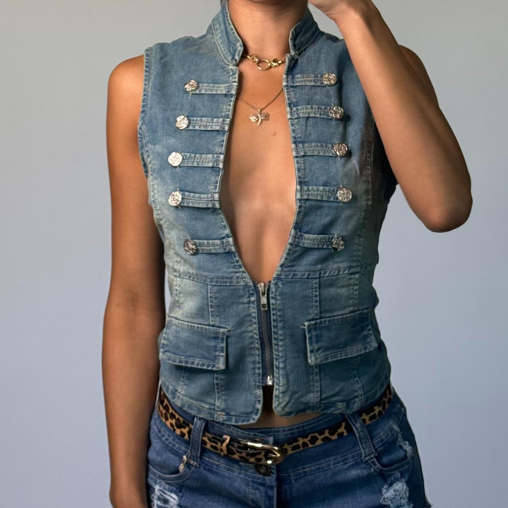 Denim Buttoned Vest Top with Zipper L